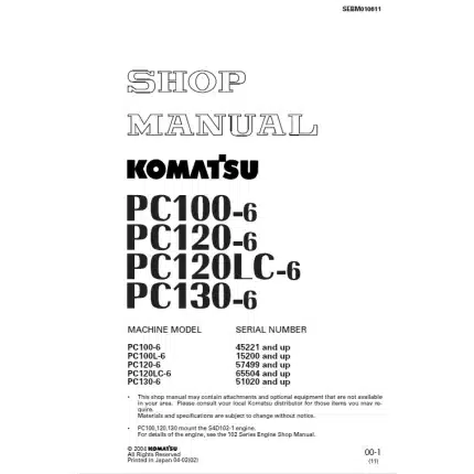 komatsu pc100 6 pc120 6 pc120lc 6 pc130 6 hydraulic excavator pdf repair service manual