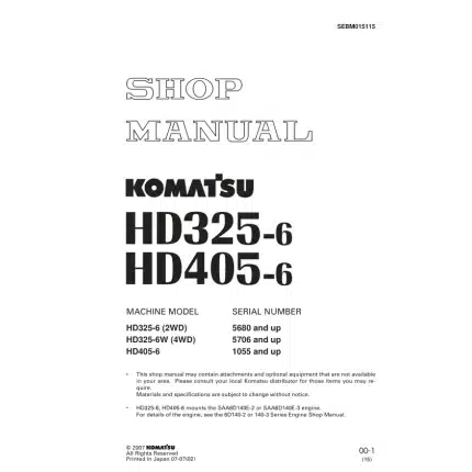 komatsu hd325 6 hd405 6 dump truck pdf repair service manual sn 5001 and up 1001 and up