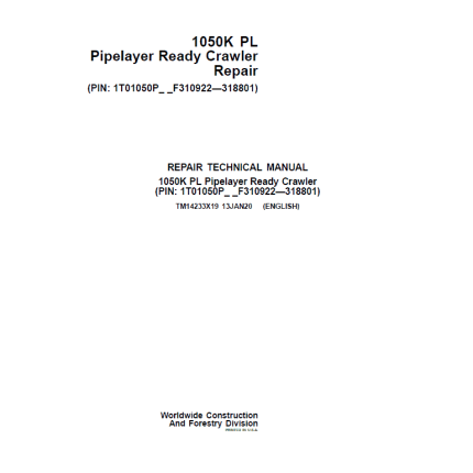 John Deere 1050K PL Pipelayer Crawler Dozer Service Manual