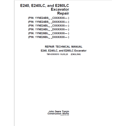 John Deere E240, E240LC, E260LC Excavator Repair Manual