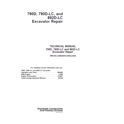 John Deere 790D, 790D-LC, 892D-LC Excavator Repair Service Manual