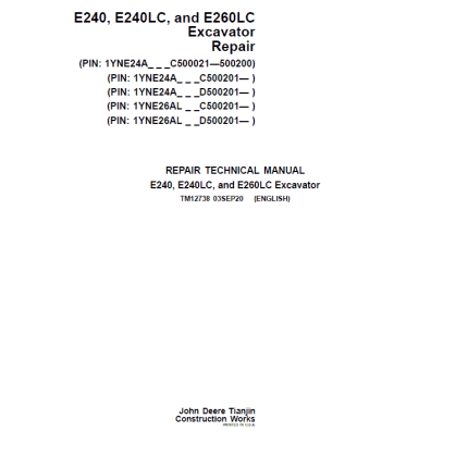 John Deere E240, E240LC, E260LC Excavator Service Manual